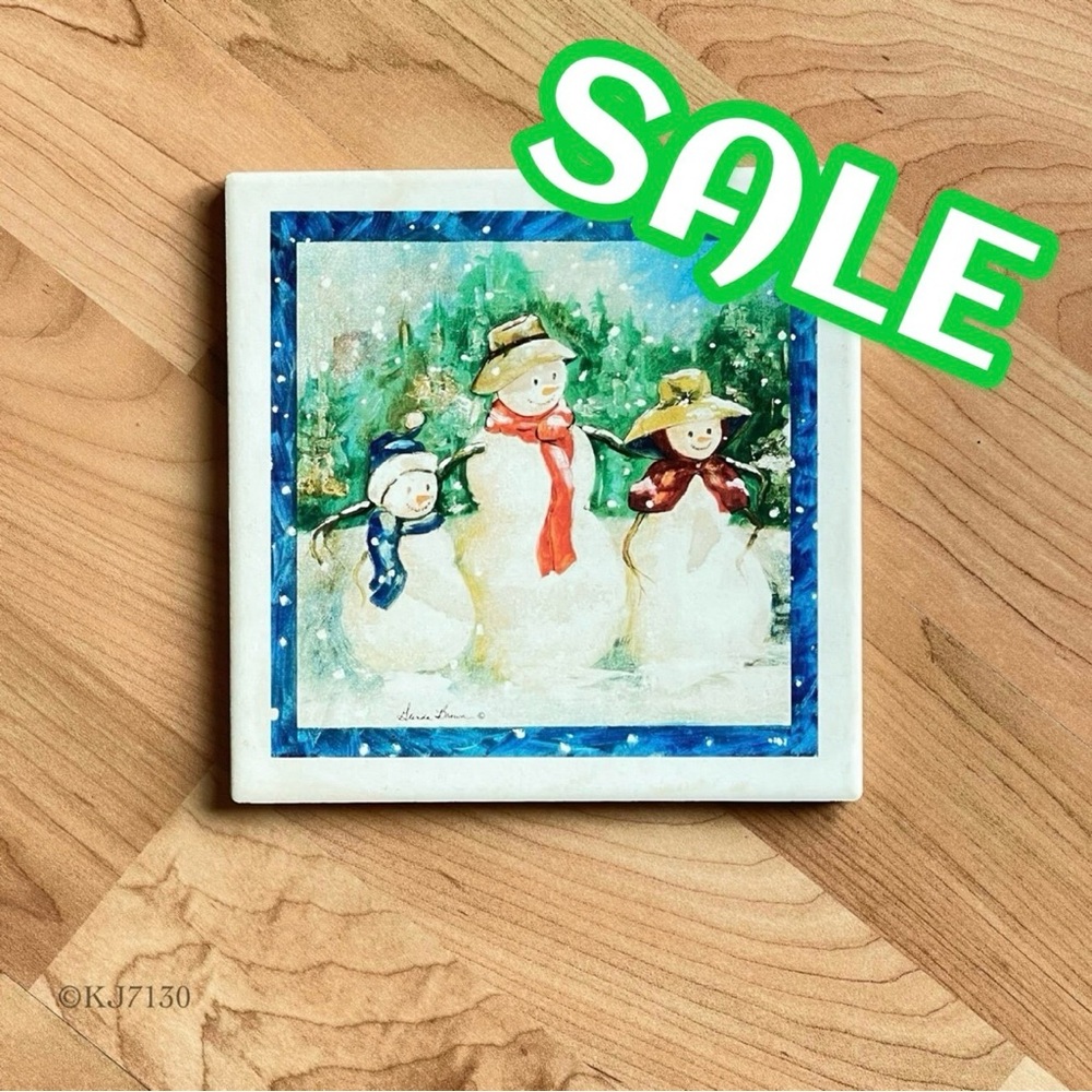 Holiday Christmas Snowman Family Ceramic Large Tile Trivet With Box T-337